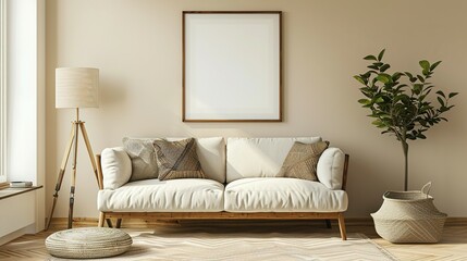 Armchair and sofa near beige wall with frame. Farmhouse interior design of modern living room.