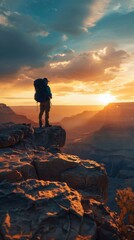 Hiker standing on rocky cliff at sunset, scenic landscape. Adventure and exploration concept