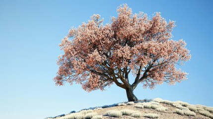 Obraz premium A cherry tree in bloom under a clear blue sky on a hill