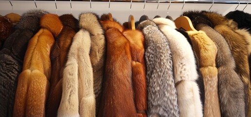 A rack of fur coats in various colors and styles, displayed on hangers