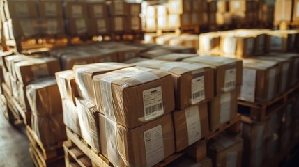 Close-up of sealed crates of sugar with shipping labels and barcodes, ready to be loaded onto a truck