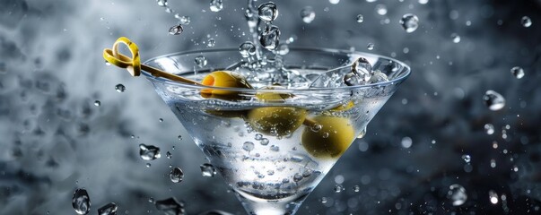Classic martini with olives and splashing water, close-up view. Beverage and nightlife concept
