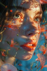 Abstract portrait, beautiful young woman, flowers and leaves, eternal beauty concept