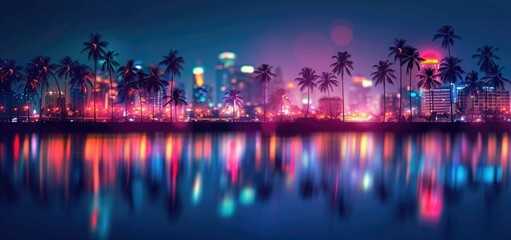 night city lights and palm trees silhouettes on background, abstract background with blurred neon...