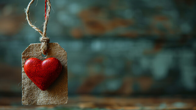 Tag with a heart on a green background, a small love symbol in red in the center of the label.