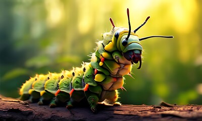 Obraz premium yellow caterpillar on a branch background green 