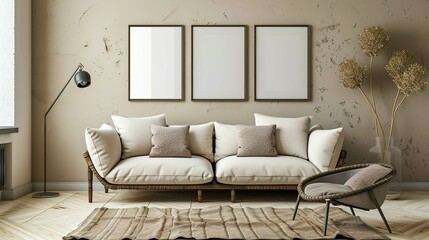 Armchair and sofa near beige wall with frame. Farmhouse interior design of modern living room.