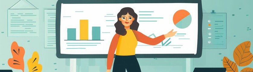 A businesswoman giving presentation on interactive whiteboard in office