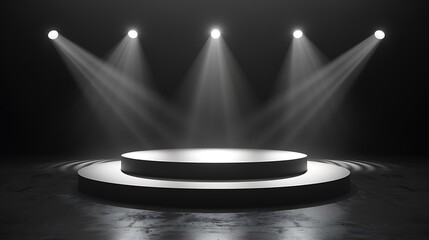 Modern podium background with sleek, minimalist design. Monochrome color scheme with soft spotlights illuminating the podium