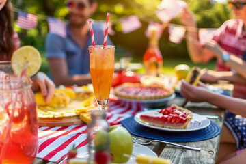 
A family gathered around a picnic table in a park celebrating the Fourth of July, 