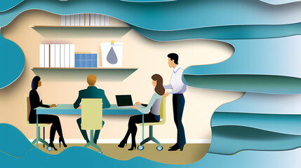 Obraz premium Training of employees in the office. Paper cut style.