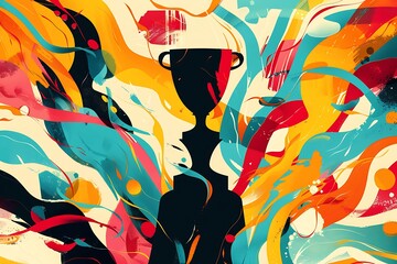 A wide banner featuring the silhouette of a trophy surrounded by dynamic, colorful abstract patterns