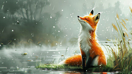 cute fox sits by the water's edge, its tail curled around it as raindrops