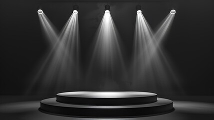 Modern podium background with sleek, minimalist design. Monochrome color scheme with soft spotlights illuminating the podium
