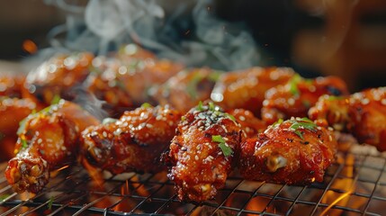 A close-up shot of a pile of hot, crispy fried chicken wings on a wire rack, with smoke and herbs sprinkled around