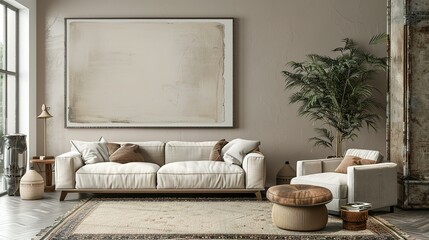 Armchair and sofa near beige wall with frame. Farmhouse interior design of modern living room.