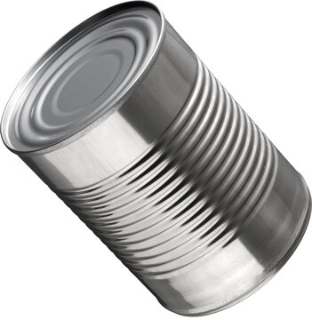 Silver metal tin can angled side view isolated on transparent background