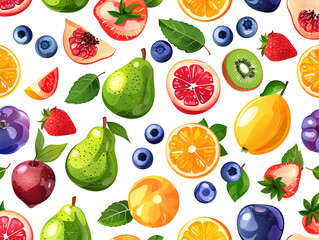 seamless pattern of vibrant, colorful fruits such as apples, oranges, blueberries, strawberries and kiwi on a white background.