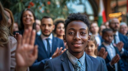 Diverse Group Taking Oath at Citizenship Ceremony Featuring Young Black Man, Older White Woman, and Middle Eastern Family