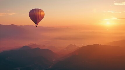 Obraz premium A lone hot air balloon floating high above the mountains during sunset, representing the spirit of freedom