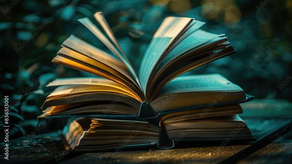 Poster stack of open books with pages fanned out, illustrating the abundance of knowledge and information