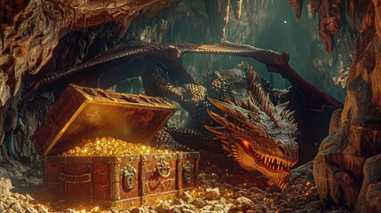 A majestic treasure chest guarded by a sleeping dragon in a dimly lit, gold-filled dragon lair