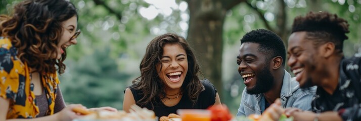 Joyful Multiracial Friends Laughing Together at a Vibrant City Park Picnic During Daytime – Celebration of Community and Friendship - Powered by Adobe