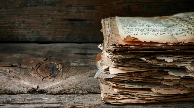 Stack of weathered papers with handwritten notes and faded ink, set against a rustic wooden surface