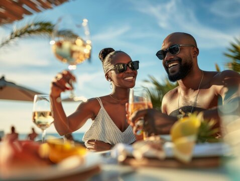 Joyful African-American Couple Enjoying Sunset Dinner at Luxury Beach Resort, Celebrating Love and Travel
