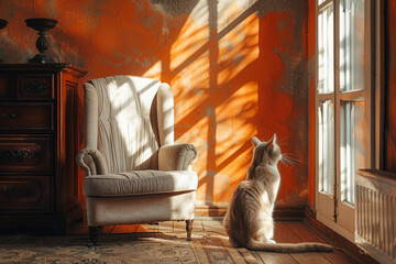 A cat sitting on the floor in front of an armchair, with sunlight streaming through the window creating sharp shadows and highlighting its soft fur against the orange wall behind it. 