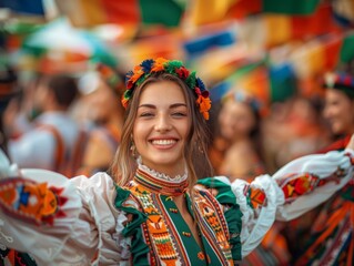 Fototapeta premium Joyful Multi-Ethnic Festival Gathering in Sunlit Plaza with Participants in Traditional Costumes Celebrating Cultural Diversity