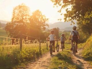 Fototapeta premium Children enjoying a sunset bike ride through the countryside at dusk in nature beauty and adventure travel concept