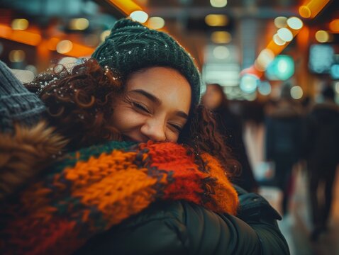 Candid Joy at Airport: Diverse Family Reunites With Emotional Embrace Amidst Busy Terminal