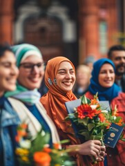 New Citizens Holding Passports Outside Government Building, Celebrating Diversity and Citizenship in Natural Daylight
