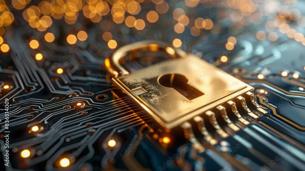 Poster a conceptual image of a gold padlock on a circuit board representing data security.