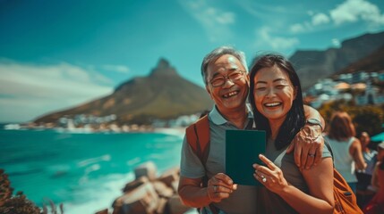 Senior Asian Couple Enjoying a Sunny Day at a Coastal Town, Smiling with Passports in Hand - Powered by Adobe