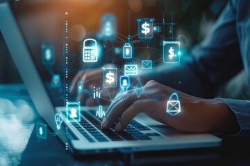 Naklejka premium The businessman's hand uses a laptop, pointing to a virtual screen of money bag ICONS, charts or financial development charts, budgets and financial planning concepts.