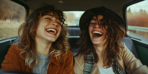 Joyful Road Trip: Two Young Women Friends Singing and Laughing in Car During a Sunny Afternoon