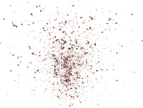 Crushed cocoa nibs burst explosion isolated on transparent background