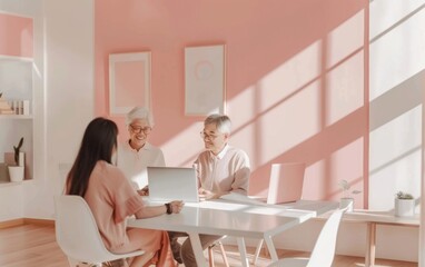 Middle-Aged Couple Consults Financial Advisor in Modern Pastel Office, Exuding Trust and Calmness