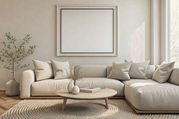 Photo mockup, living room with light grey sofa and small wooden coffee table near window
