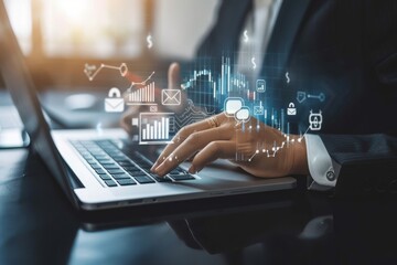 Naklejka premium The businessman's hand uses a laptop, pointing to a virtual screen of money bag ICONS, charts or financial development charts, budgets and financial planning concepts.