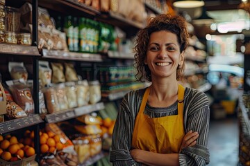 Smiling Shopkeeper in Grocery Store Aisle