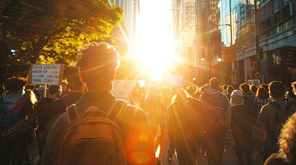 Crowd of Protesters Marching in City Streets