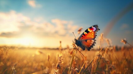 Transformation in Nature: Vibrant Butterfly Emerges in a Golden Field, Symbolizing New Beginnings at Sunset