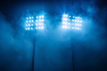 Low angle shot of stadium lights piercing through foggy sky. Cinematic atmosphere concept.