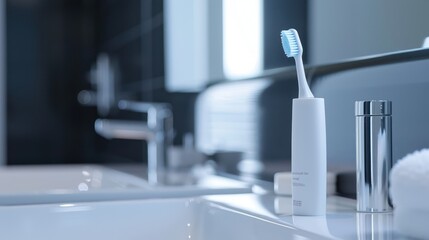 Toiletries soap toothbrush and toothpaste in modern clean bathroom sink.