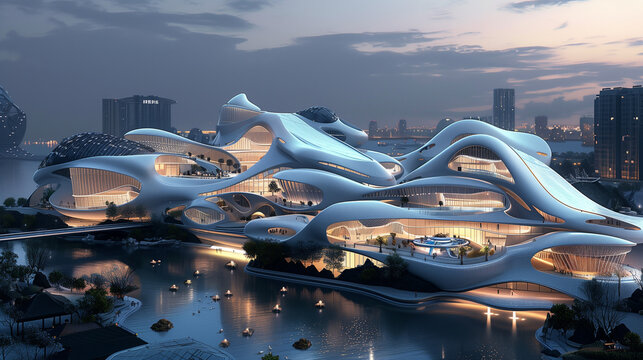 A futuristic cityscape with tall buildings and a large white structure. The buildings are made of glass and metal, giving them a sleek and modern appearance. The sky is cloudy, adding a sense of depth