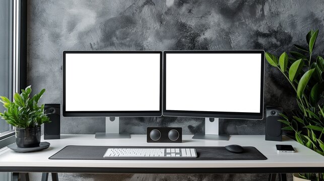 Mockup of two modern monitors on desk with keyboard mouse and speakers, AI-generative