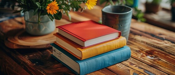 Peaceful Afternoon Study Session with Stack of Books on Wooden Desk, Sunlight Filtering Through